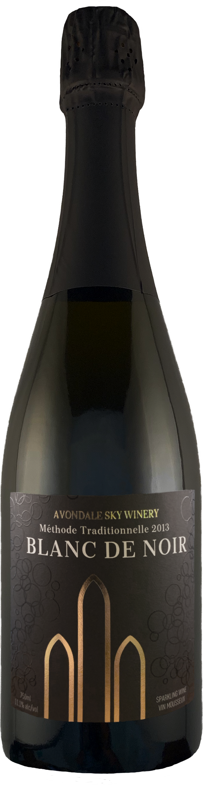 bottle shot of Avondale Sky's Blanc De Noir Sparkling wine. A Nova Scotia Champagne Style Wine